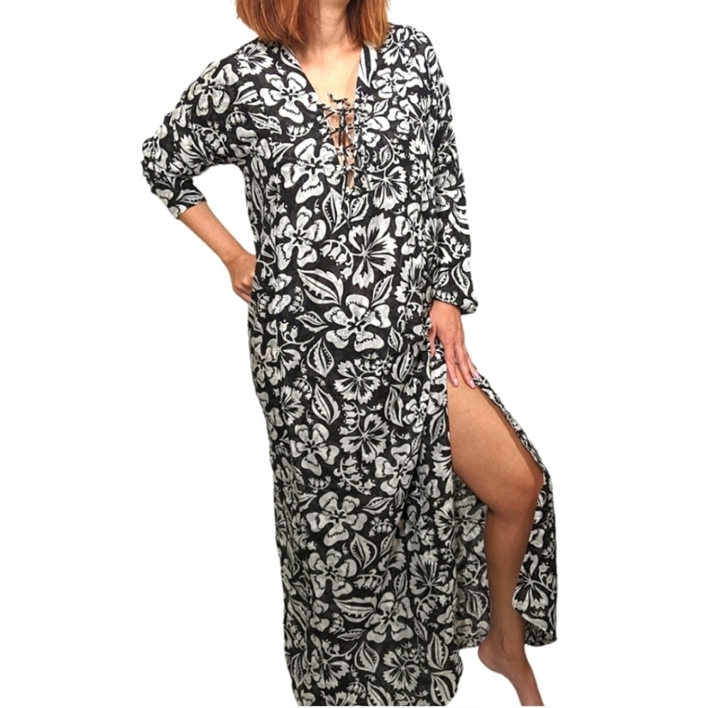 Mikoh B&W Floral Hele V Neck Lace Up Caftan Maxi Dress